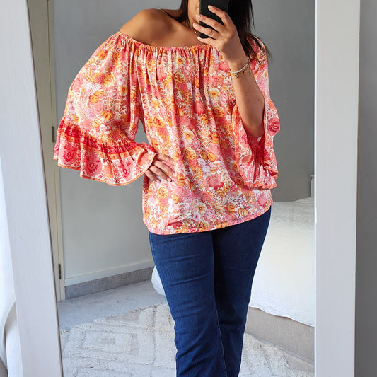 Patterned Off-shoulder Sabrina Top - Melon Floral