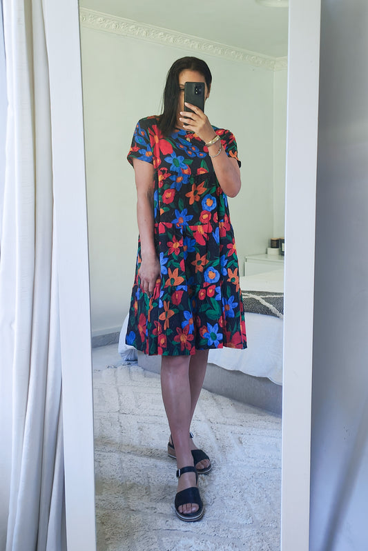 Tiered Midi Dress - Bright Black Poppy