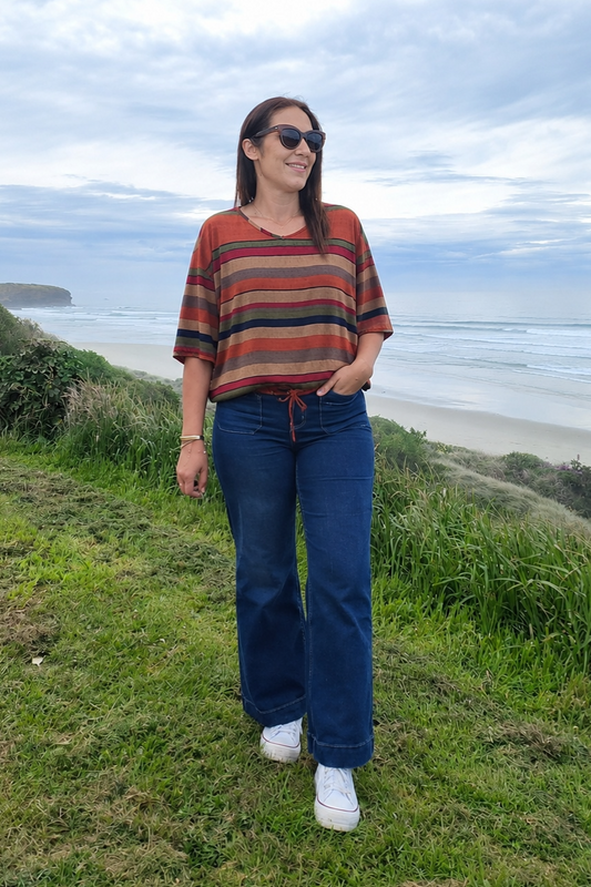 Short Sleeve Verity Tie Top - Rust Stripes