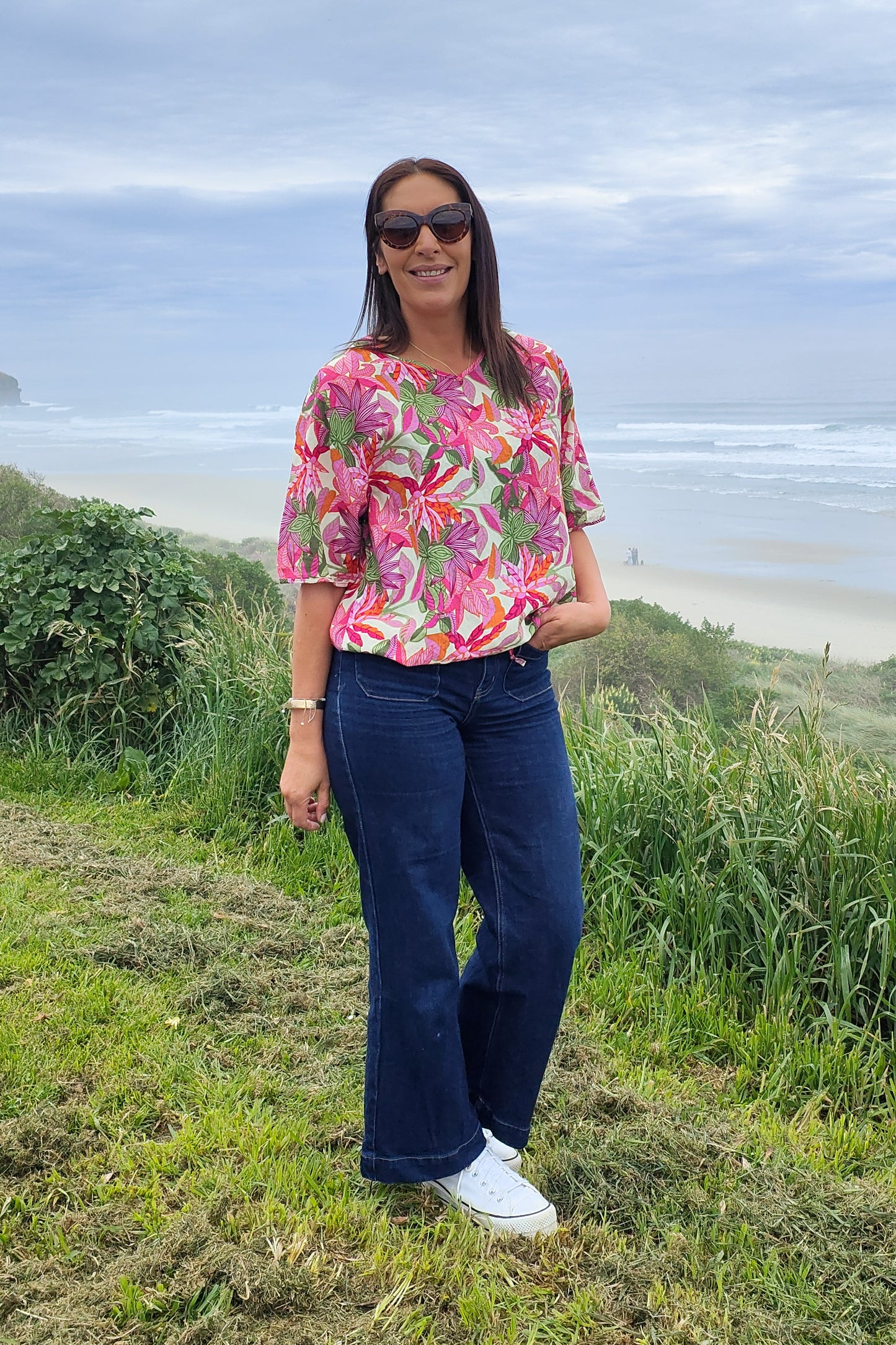 Short Sleeve Verity Tie Top -  Tropical Leaves