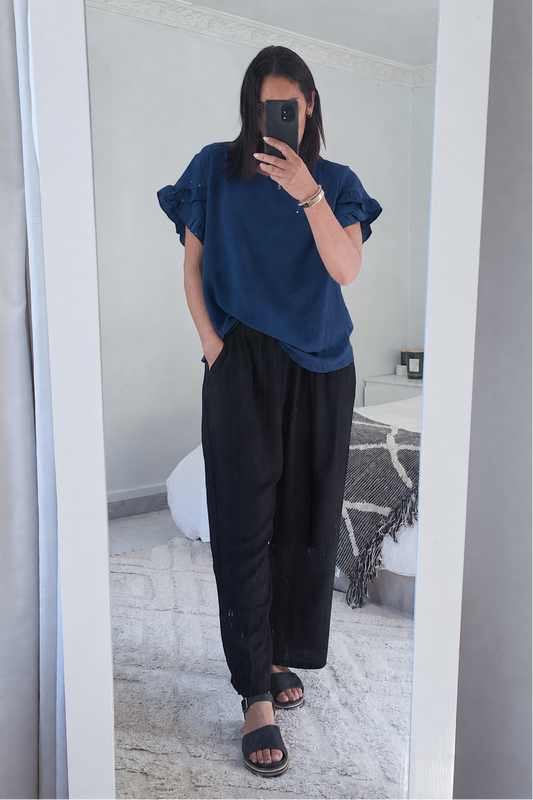 Stormy Blue - Silky Vanessa Ruffle Sleeve Top