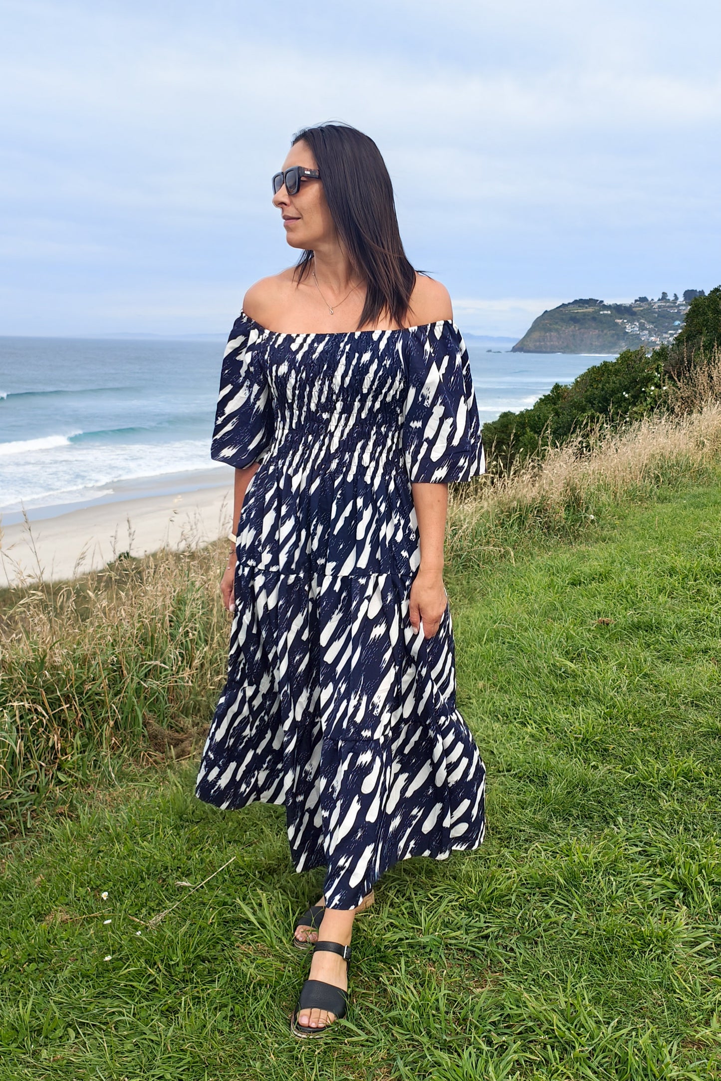 Shirred Bust Soph Maxi - Navy & White Abstract