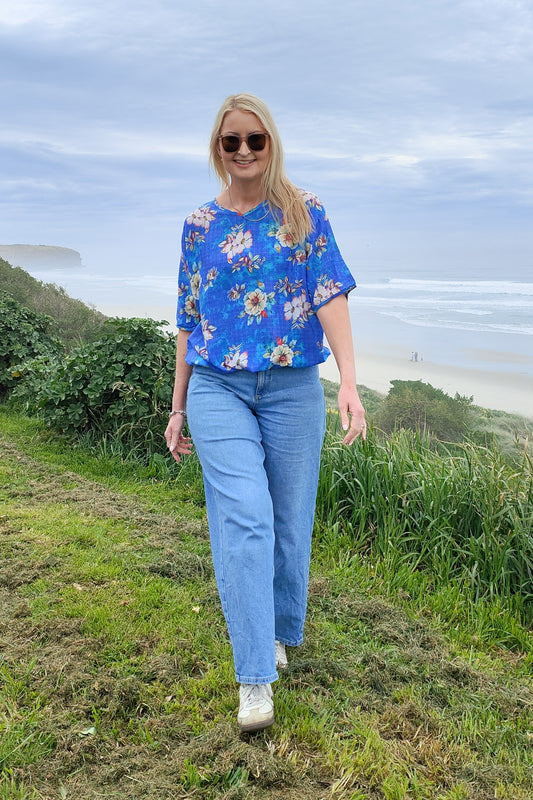 Short Sleeve Verity Tie Top - Blue Botanical