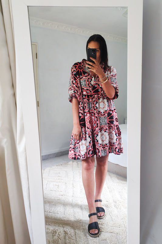 Retro Print LS Shift Dress - Black & Coral
