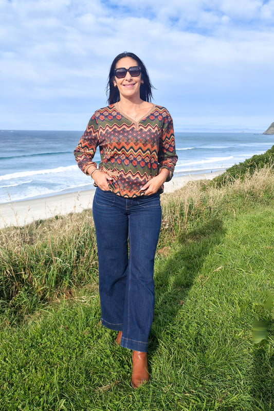 Lila Button Jersey - Floral Rose Motif