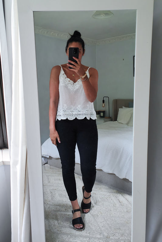 White - Boho Embroidered Detail Denver Singlet