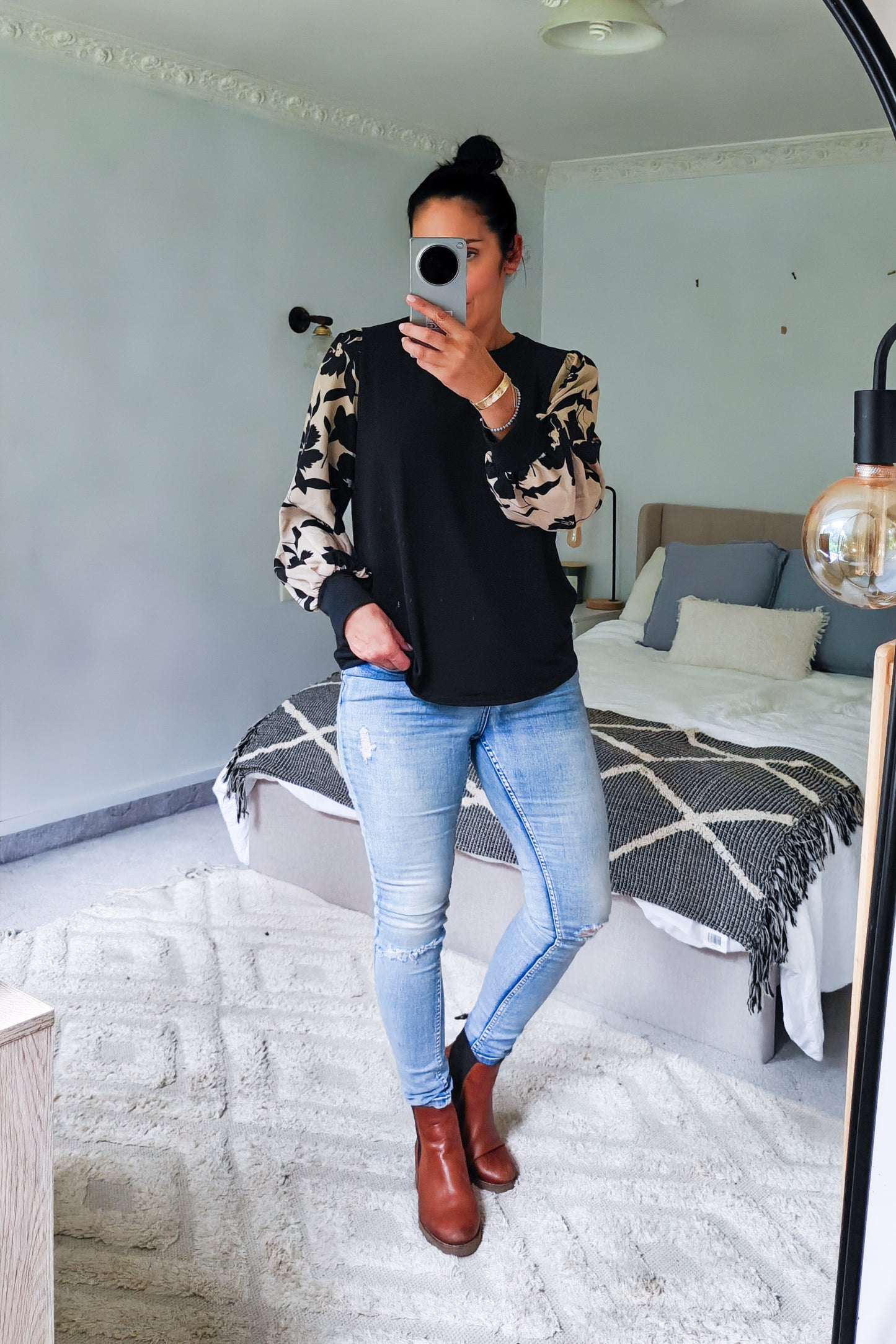 Black Floral Sleeve Top - Sand