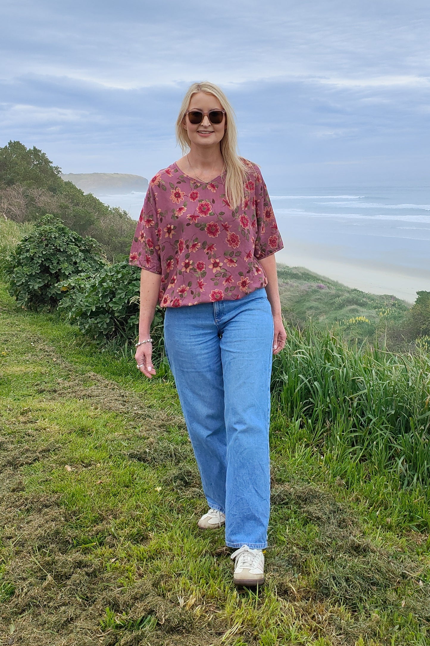 Short Sleeve Verity Tie Top -  Deep Blush Floral