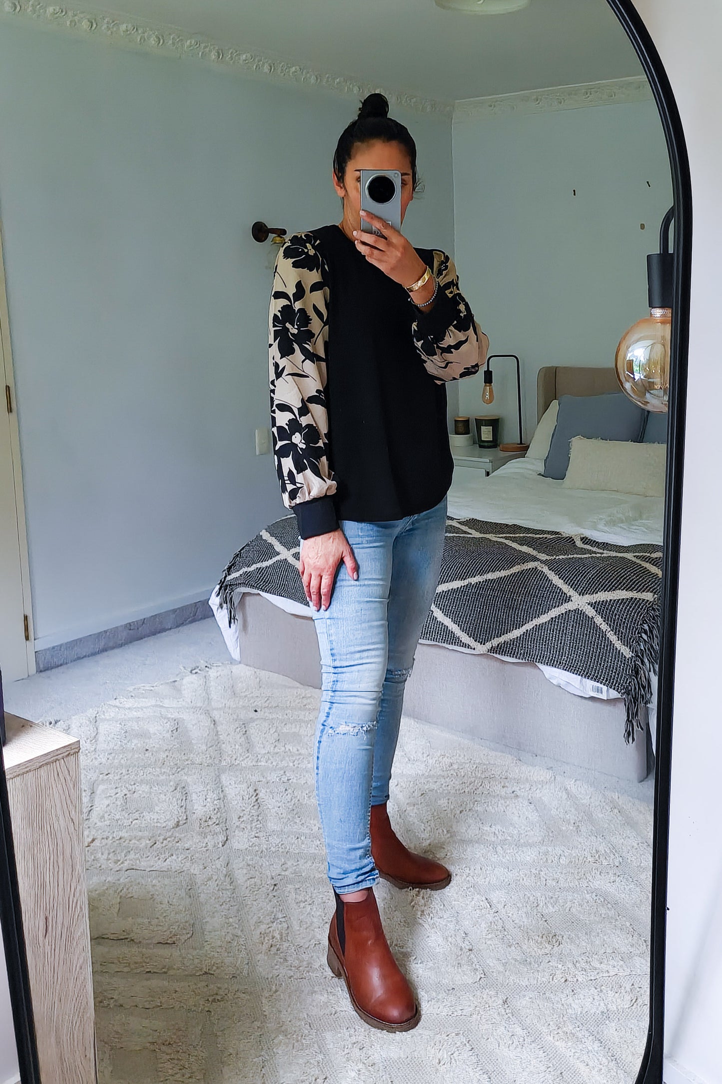 Black Floral Sleeve Top - Sand
