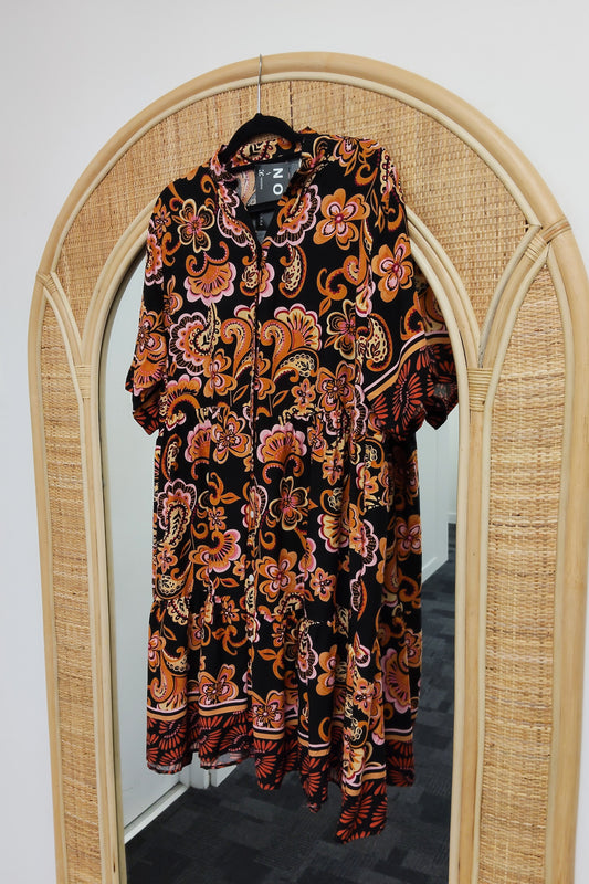 Tiered Paisley Cashew Dress - Black