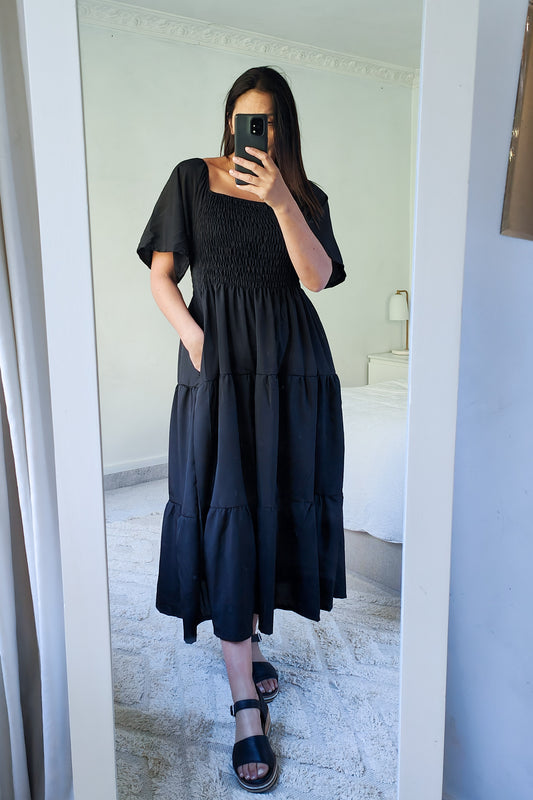 Silky Shirred Bust Soph Maxi -Black