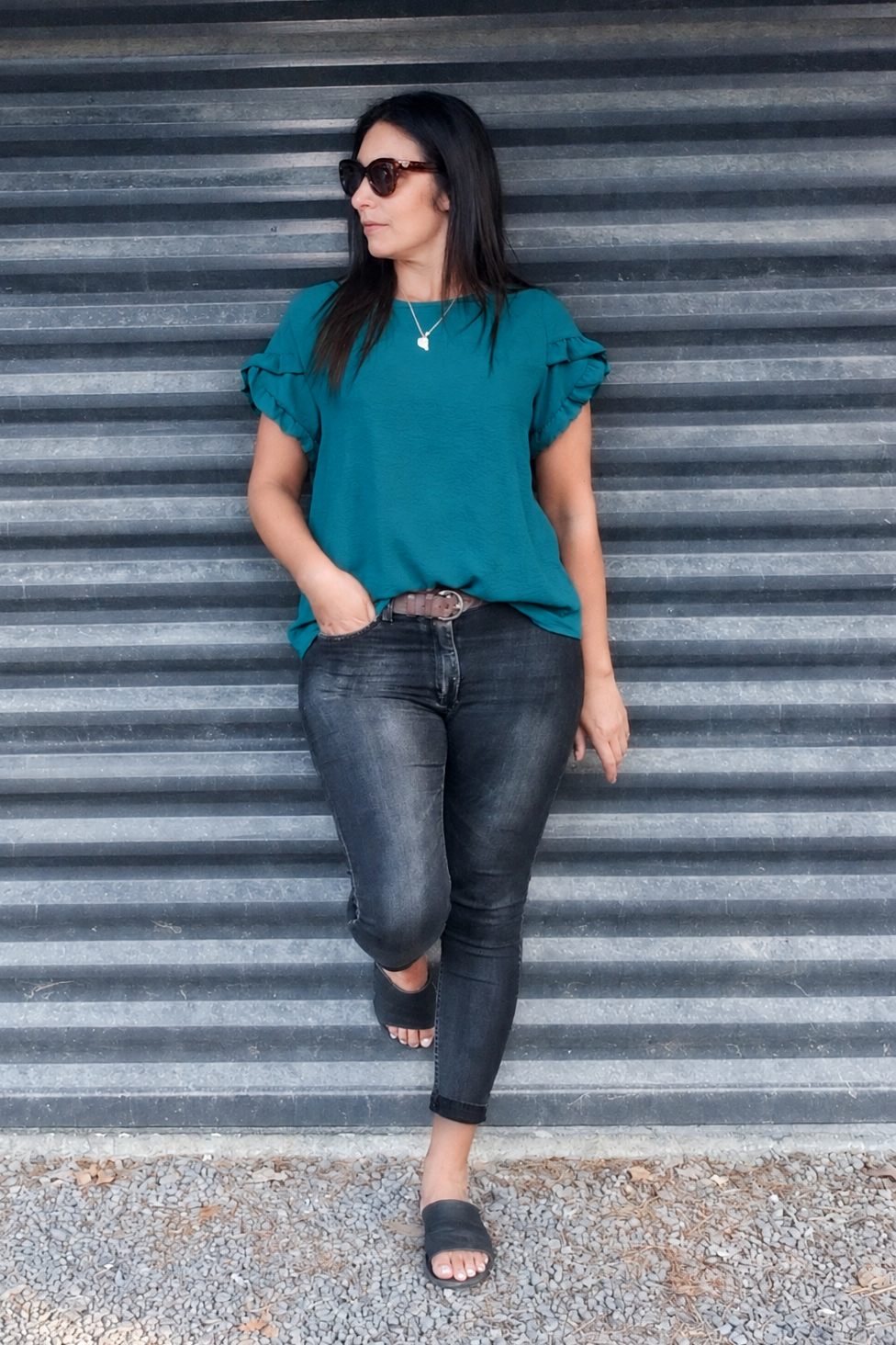 Turquoise - Silky Vanessa Ruffle Sleeve Top