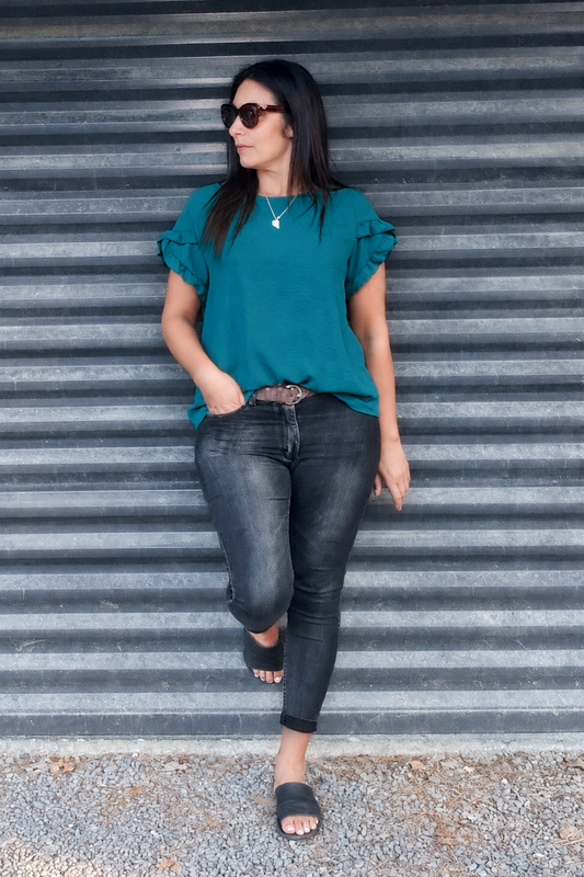 Turquoise - Silky Vanessa Ruffle Sleeve Top