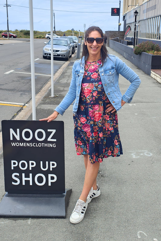 Tiered Midi Dress - Navy & Pink Blossom