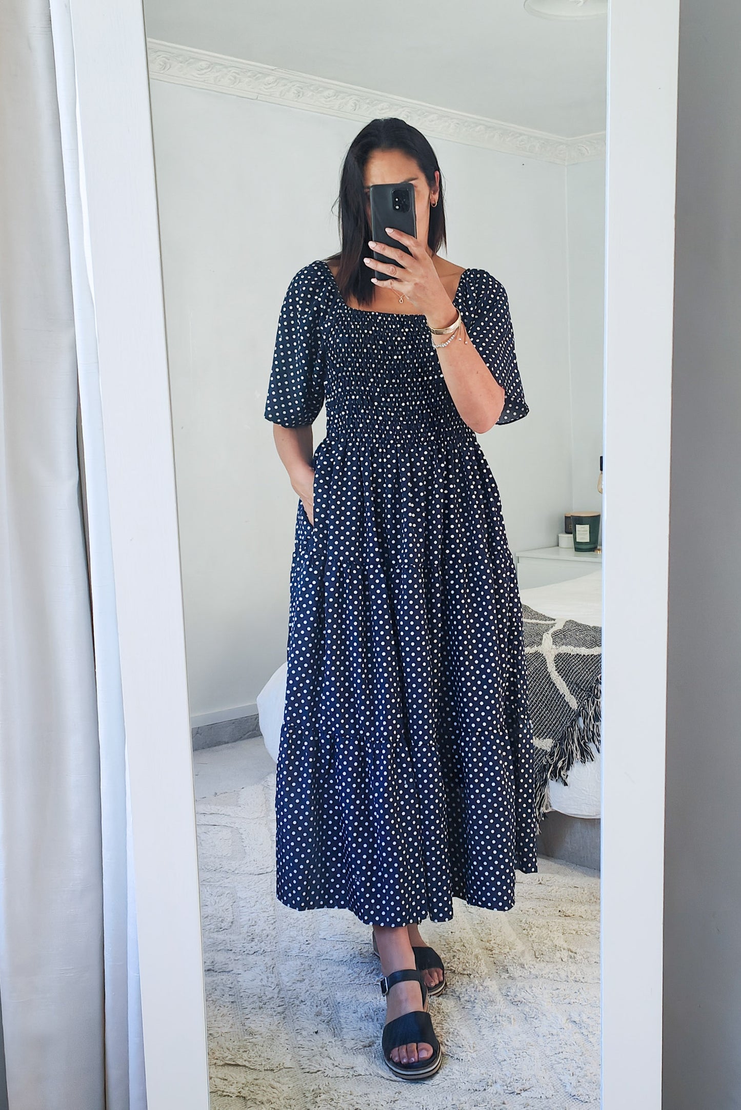 Shirred Bust Soph Maxi - Navy Polka Dot