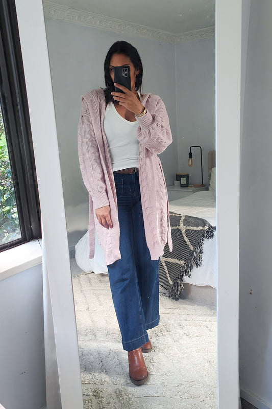 Hooded Cable Knit Cardigan - Blush