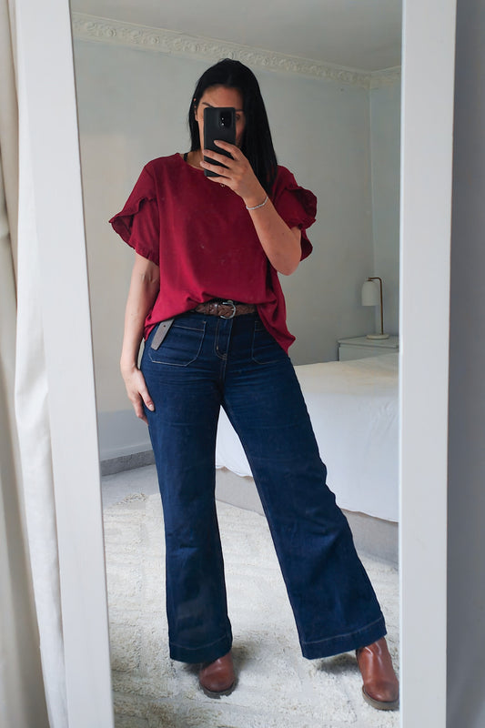 Wine - Silky Vanessa Ruffle Sleeve Top