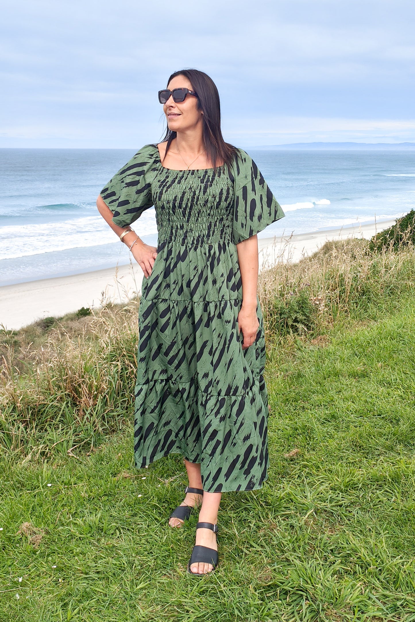 Shirred Bust Soph Maxi - Green & Black Abstract