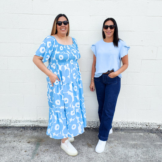 Light Blue - Silky Vanessa Ruffle Sleeve Top
