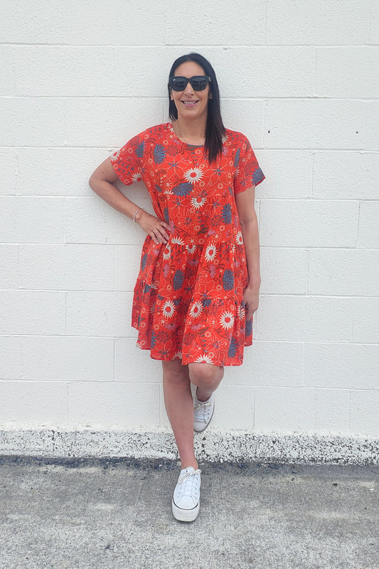 Tiered Babydoll Dress - Orange Embroidery