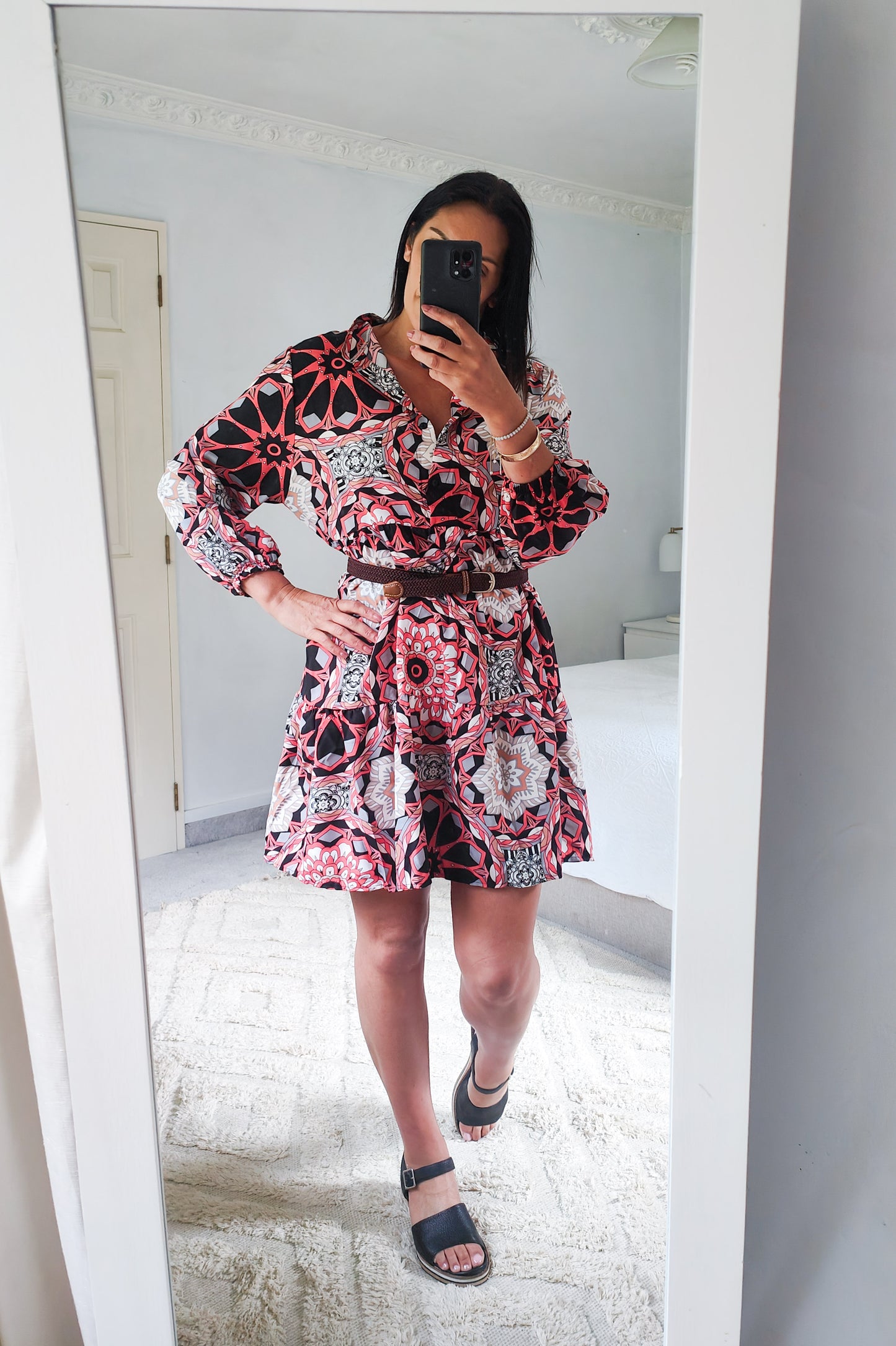 Retro Print LS Shift Dress - Black & Coral