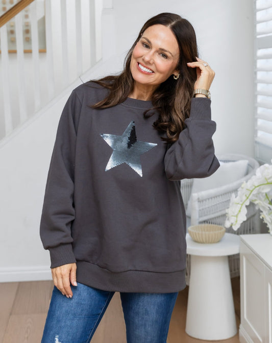 PRE-ORDER** Star Sequin Sweat - Charcoal