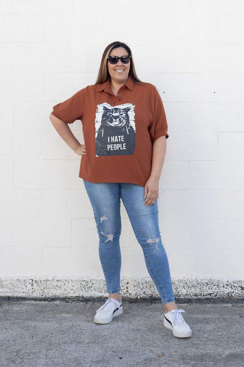 Deep Rust - Cats I Hate People Collared Top