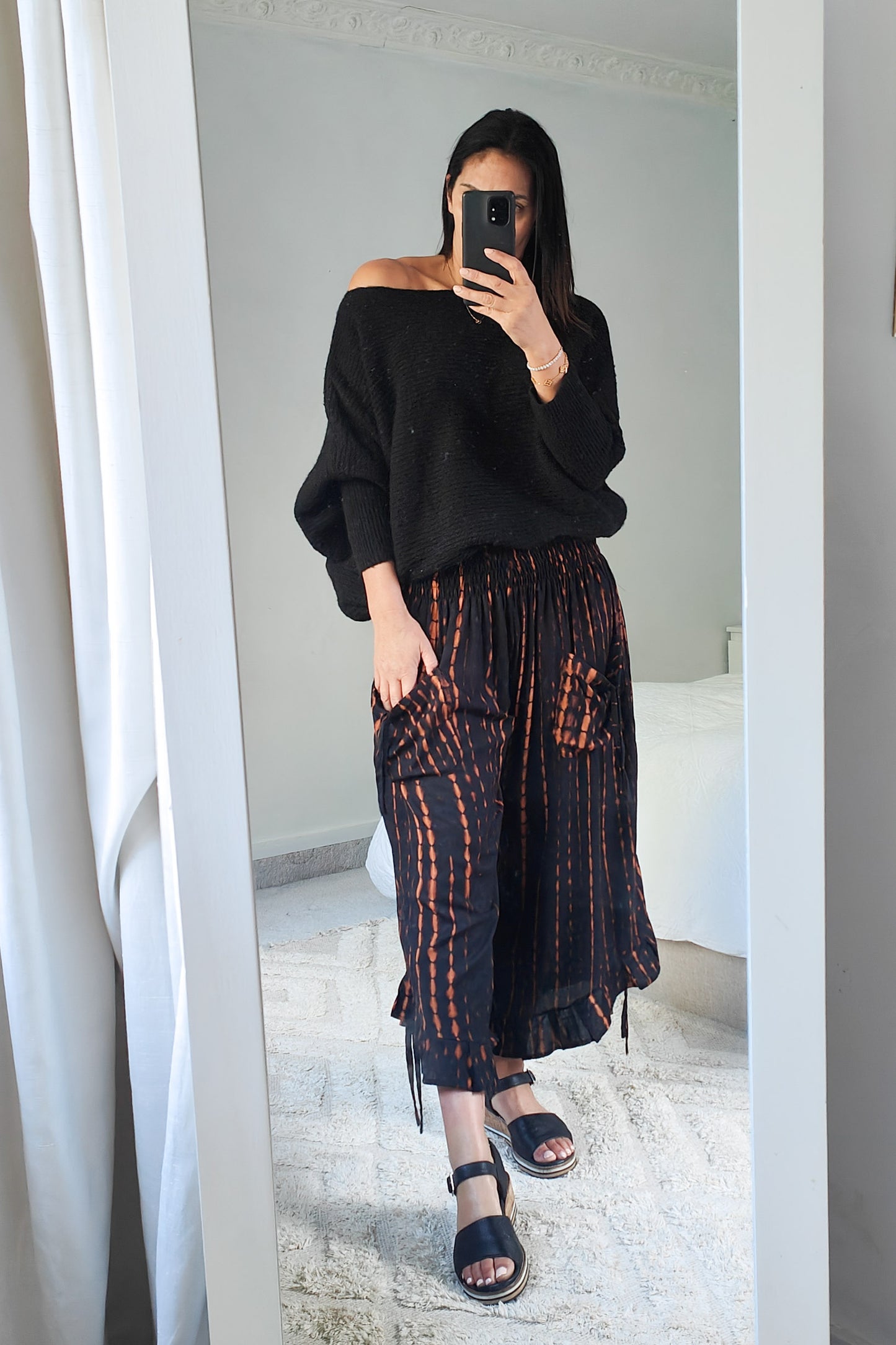 Wideleg Ruffle Hem Pants - Black Tie Dye