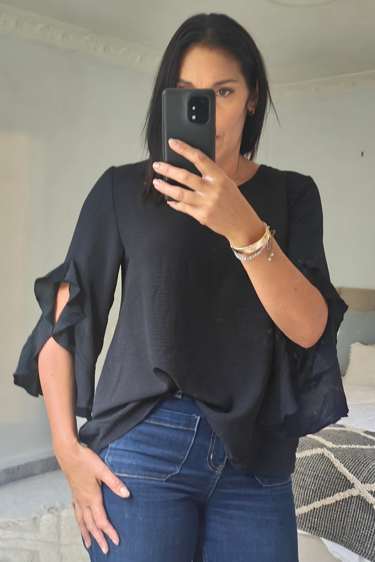 3/4 Ruffle Sleeve Chelsea Top - Black Sateen
