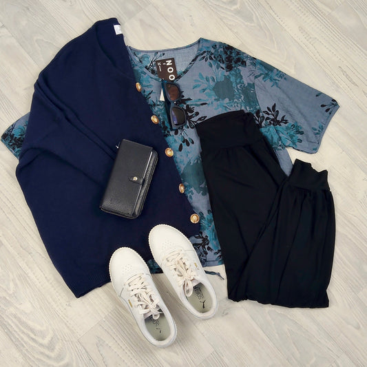 Short Sleeve Verity Tie Top- Denim Floral