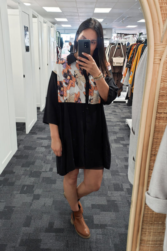 Black - Flower Button Up Overshirt/Tunic