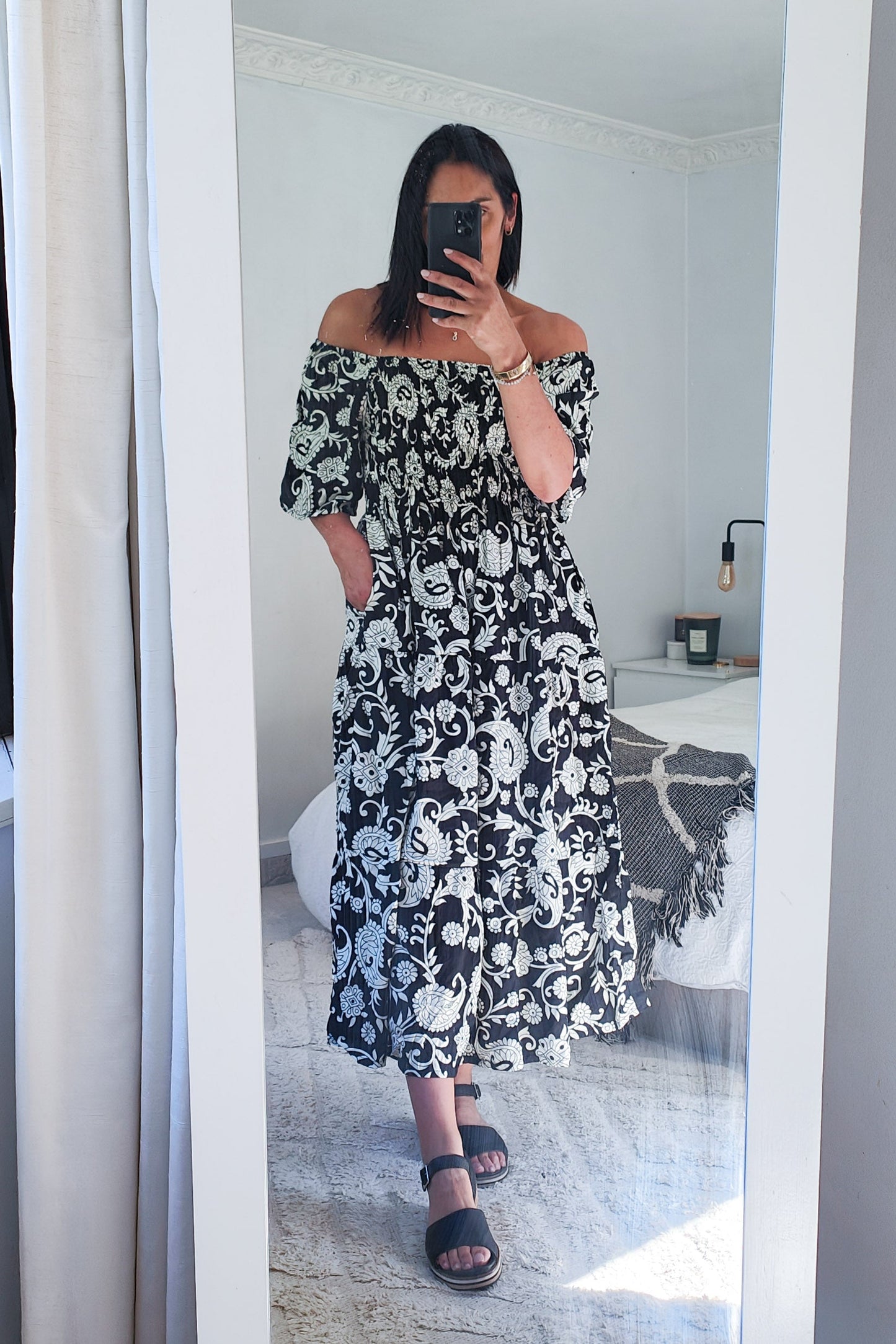 Shirred Bust Soph Maxi - Black Floral Motif