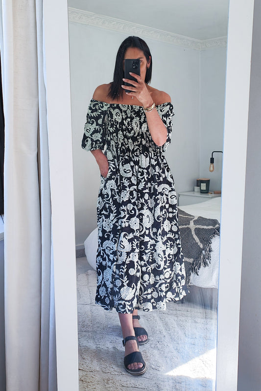 Shirred Bust Soph Maxi - Black Floral Motif