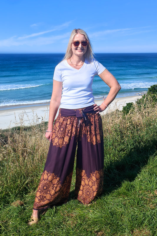 Loose Tie Palazzo Pants - Batik Plum/Apricot