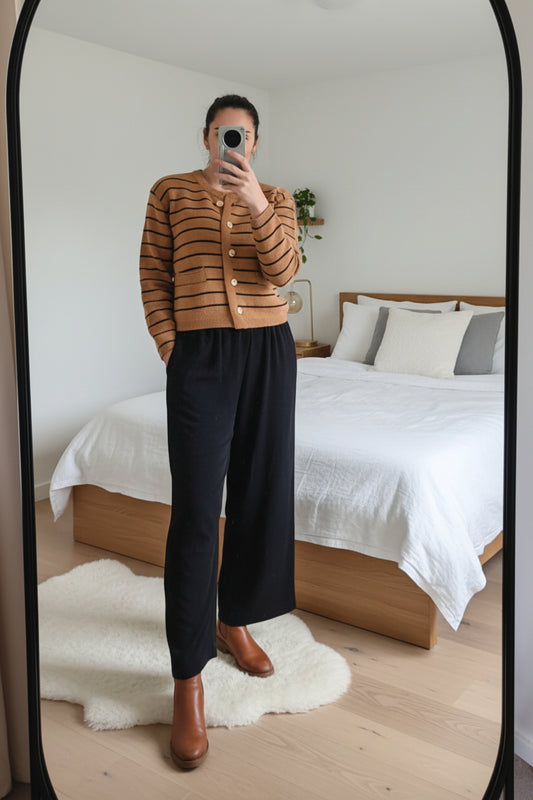 Tan - Eloise Striped Knit Cardigan