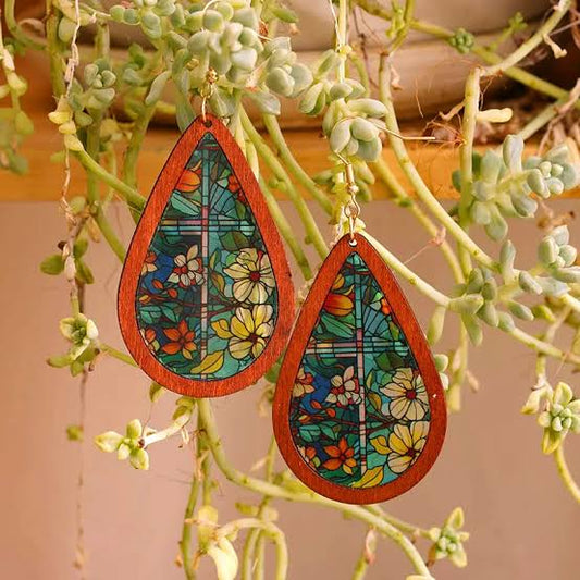 Floral Art - Stained Glass Wood & Resin Earrings