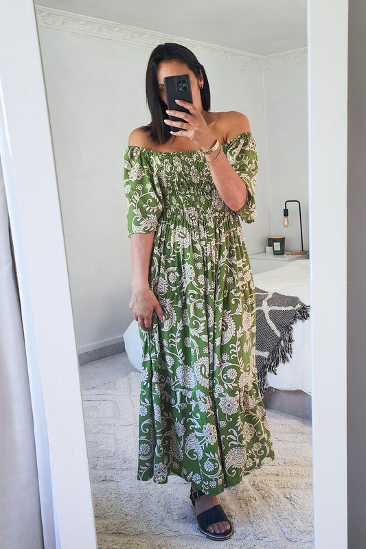 Shirred Bust Soph Maxi - Spring Green Floral Motif