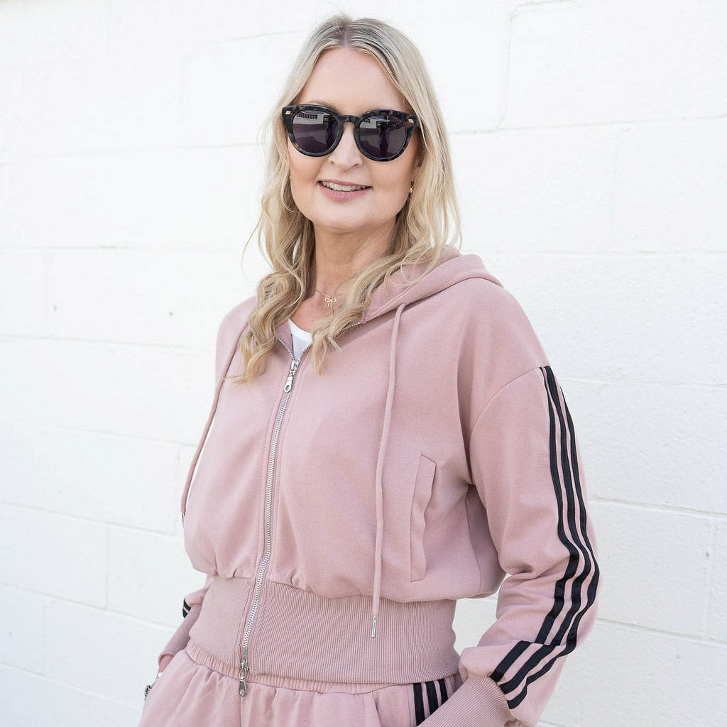 Plain Hooded Cropped Zip Up - Pink