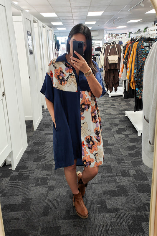 Navy - Peach Floral Paneled Overshirt/Tunic