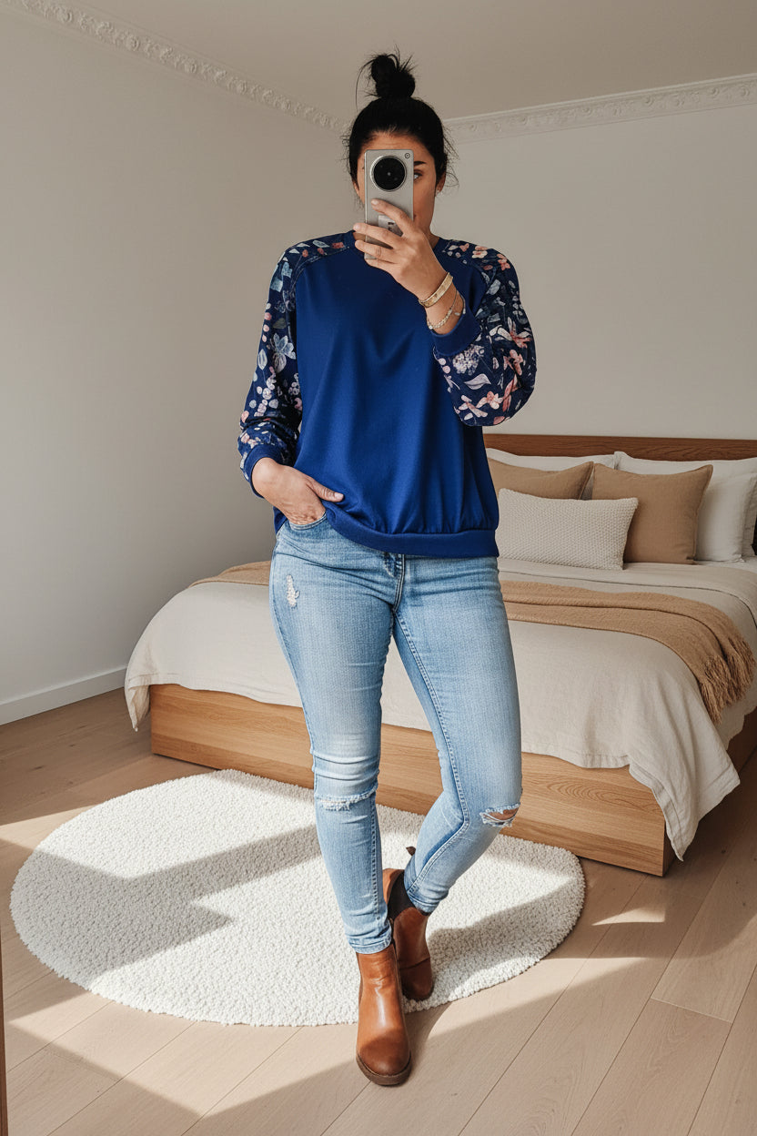 Cobalt Watercolour Floral Sleeve Crew