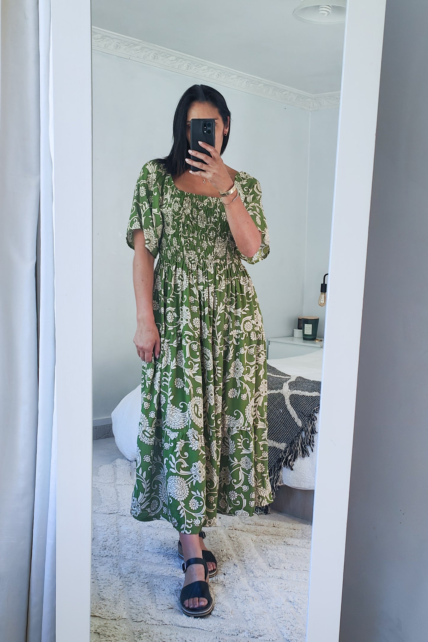 Shirred Bust Soph Maxi - Spring Green Floral Motif
