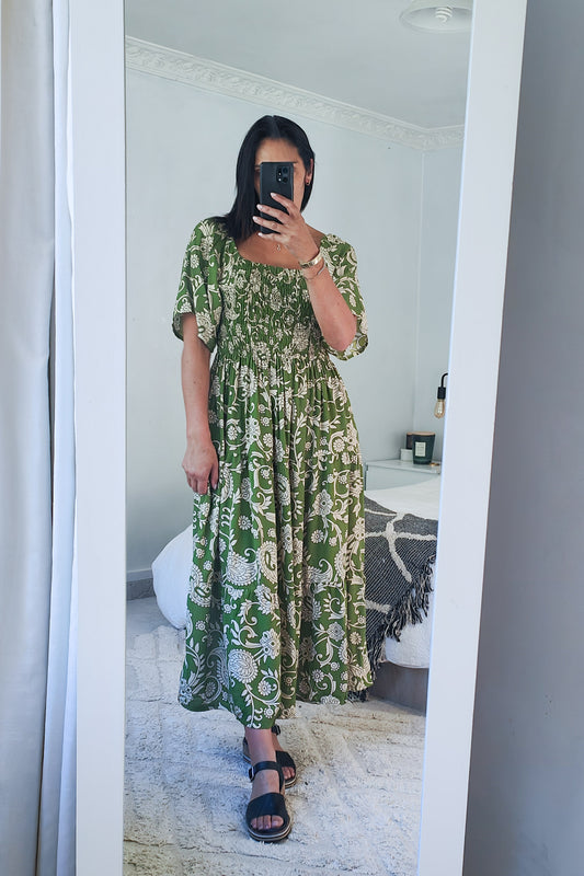 Shirred Bust Soph Maxi - Spring Green Floral Motif