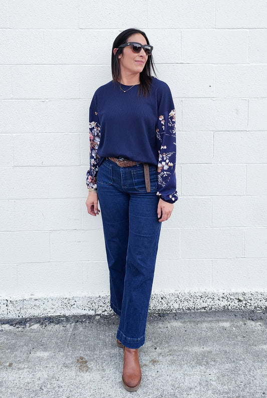 Navy Silky Floral Sleeve Amie Top