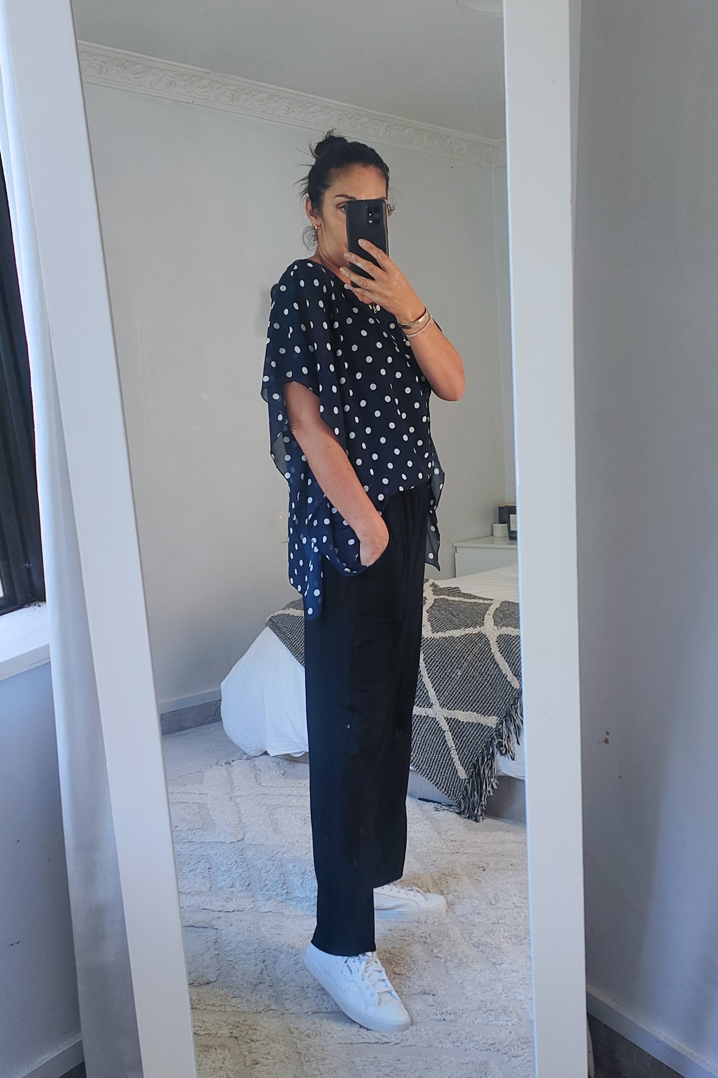 Floaty Chiffon Top - Navy/ White Dot