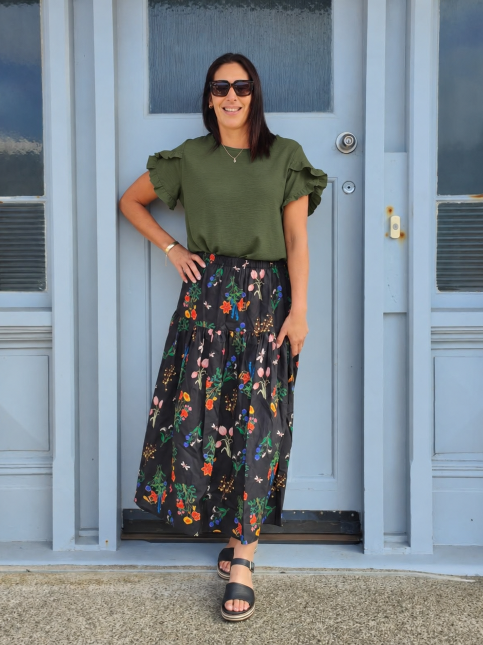 Khaki - Silky Vanessa Ruffle Sleeve Top