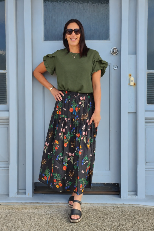 Khaki - Silky Vanessa Ruffle Sleeve Top