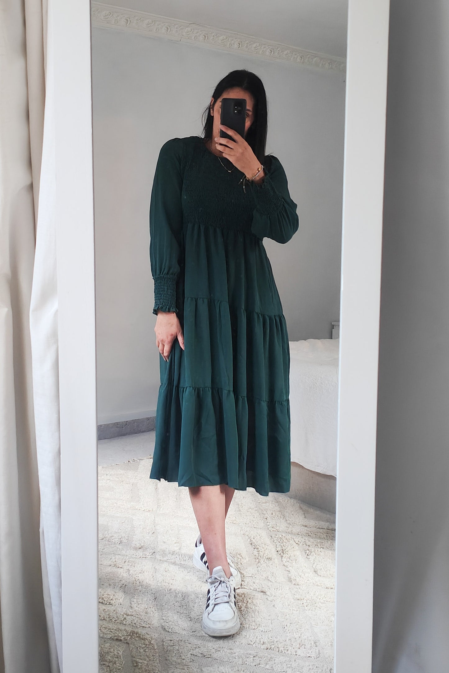 Long Sleeve Shirred Lola Dress - Forest Green