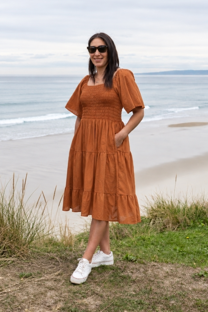 Plain Shirred Bust Louisa Dress - Caramel