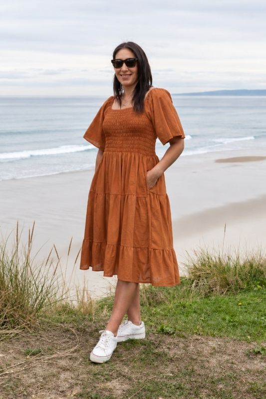 Plain Shirred Bust Louisa Dress - Caramel