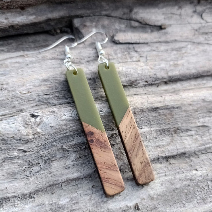 Olive - Rectangular Wood & Resin Earrings